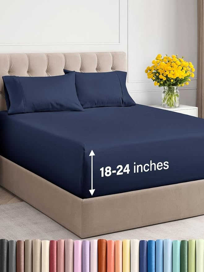 Extra Deep Twin Sheet Set - 4 Piece Breathable & Cooling Sheets - Hotel Luxury Bed Sheets Set - Easy & Secure Fit - Soft, Wrinkle Free & Comfy Sheets Set - Navy Blue Sheet Set with Extra Deep Pockets