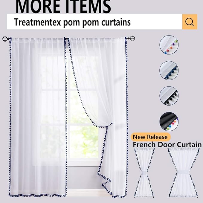 Treatmentex Grey Sheer Window Curtains for Living Room 95 inches Pom-Pom Canopy for Children Bedroom Rod Pocket 2Pack