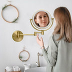 Make up Mirror Wall Mounted Lighted 10X Magnifying Hard Wired, Double Sides 3 Color Lighting Touch Dimming, 360 Swivel Extended Arm Shaving Light up Mirror for Bathroom, Antique Brass