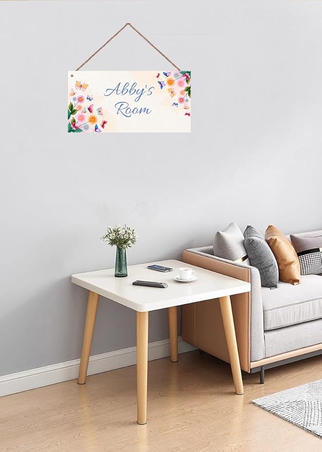 Personalized Sign For Kids Room Door Sign, Romantic Butterfly Flowers Wall Art Sign for Little Man Cave, Custom Name Wooden Signs for Girls Bedroom Nursery Name Hanging Décor