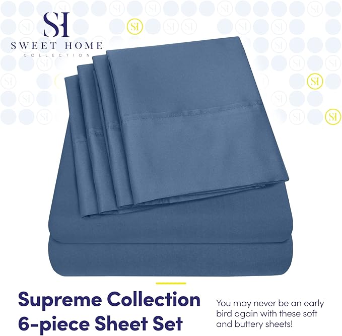 Full Size Bed Sheets - 6 Piece 1500 Supreme Collection Fine Brushed Microfiber Deep Pocket Full Sheet Set Bedding - 2 Extra Pillow Cases, Great Value, Full, Denim