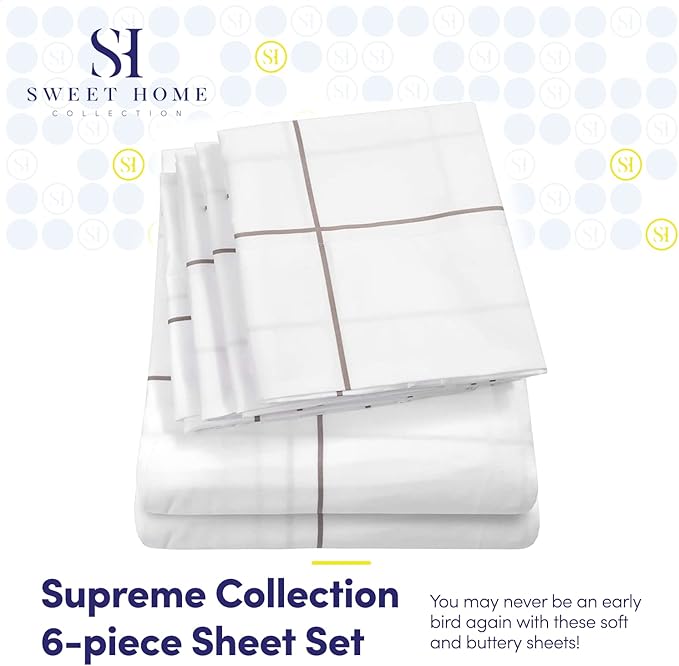 Queen Sheets Window Pane White - 6 Piece 1500 Supreme Collection Fine Brushed Microfiber Deep Pocket Queen Sheet Set Bedding - 2 Extra Pillow Cases, Great Value, Queen, Window Pane White