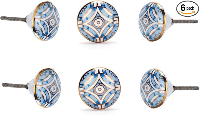 Perilla Home Set of 6 Aster Knob Ceramic Decorative Round Knobs for Home Kitchen Cabinet Vintage Hardware Cupboard Door Dresser Wardrobe Drawer Pulls (Blue)