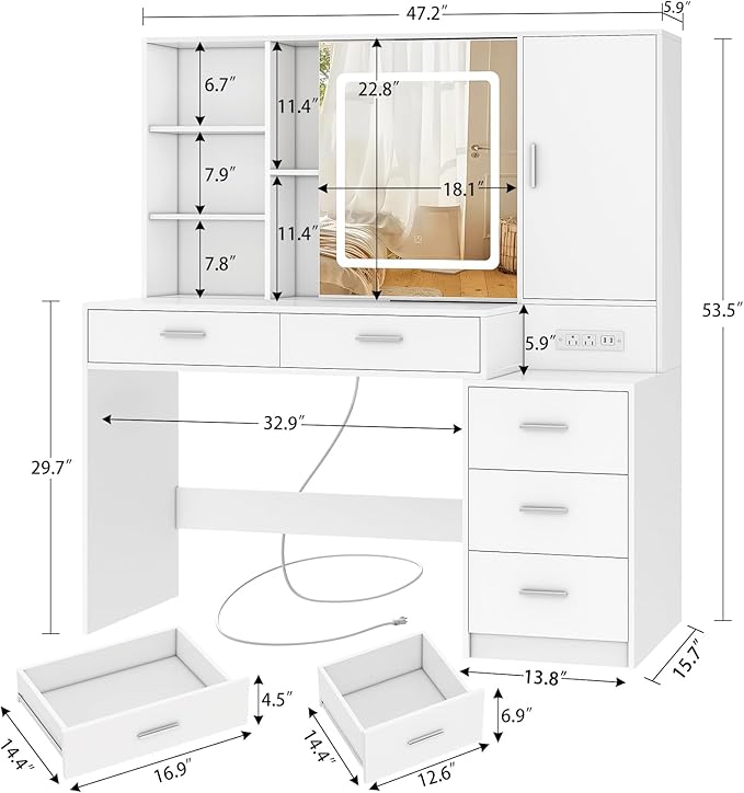 Quimoo Vanity Desk with Lighted Mirror and Power Outlet, Makeup Vanity Desk with 5 Drawers and Cabinet, Hidden and Open Shelves, White Vanity Table Set with 3 Color Lighting