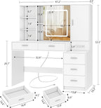 Quimoo Vanity Desk with Lighted Mirror and Power Outlet, Makeup Vanity Desk with 5 Drawers and Cabinet, Hidden and Open Shelves, White Vanity Table Set with 3 Color Lighting