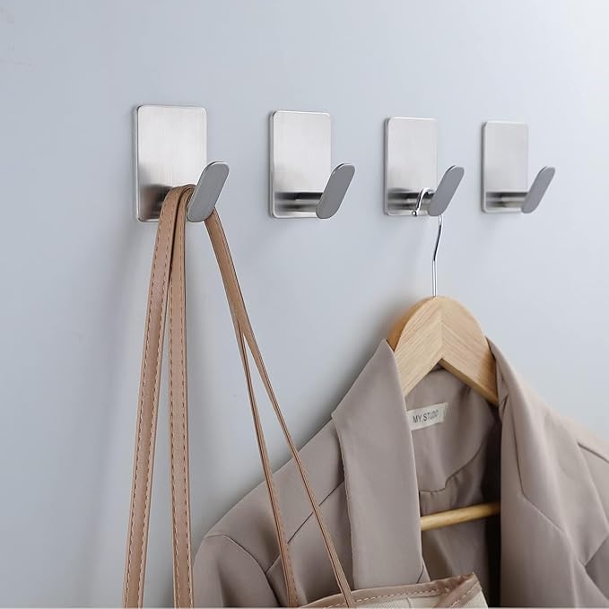 DELITON Sticky Hooks for Hanging Adhesive, Silver Wall Hooks for Bathroom Kitchen Office Stainless Steel Heavy Duty No Damage, Brushed Nickel, 6 Pack
