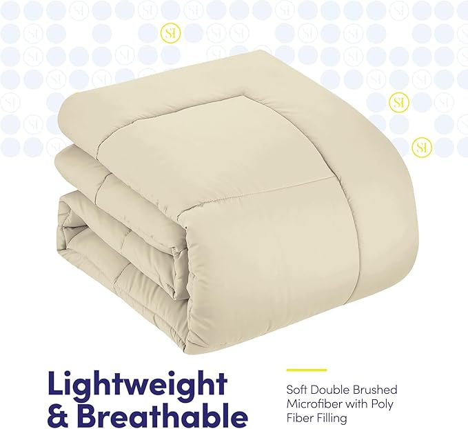 Sweet Home Collection 5 Piece Comforter Set Bag Solid Color All Season Soft Down Alternative Blanket & Luxurious Microfiber Bed Sheets, Beige, Twin