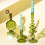 Rtteri 3 Pcs Glass Candlestick Holders Glass Candle Holders Groovy Wavy Elegant Taper Candle Stick for Wedding Home Birthday Party Christmas Halloween Decoration Windowsill Decor(Green)