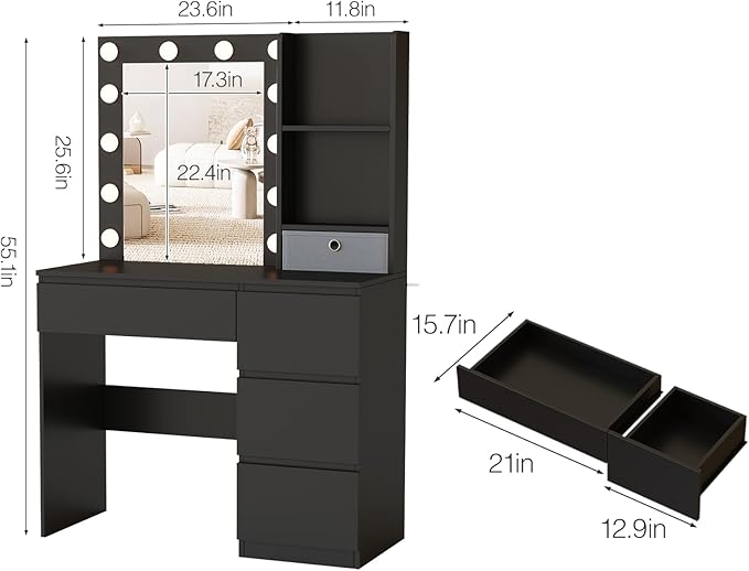 Vabches Makeup Vanity with Lights, 37inch Vanity Desk, 4 Large Drawers Dresser with Lighted Mirror, 3 Lighting Modes Brightness Adjustable, Black