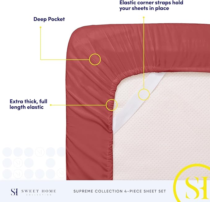 Split King Sheets - Breathable Luxury Sheets with Full Elastic & Secure Corner Straps Built In - 1800 Supreme Collection Extra Soft Deep Pocket Bedding Set, Sheet Set, Split King Size, Burgundy