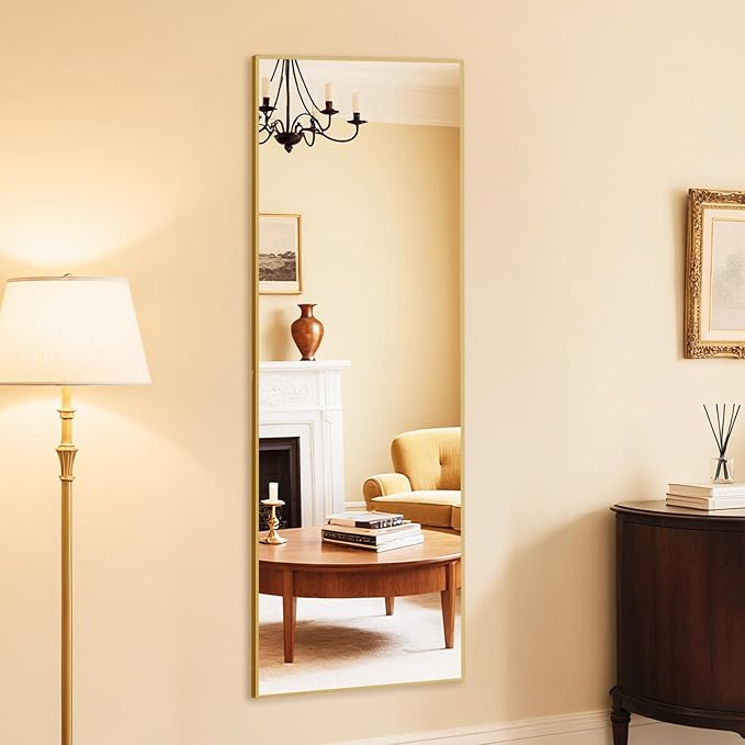 DUMOS Wall-Mounted Full Length Mirror 59"x 17" for Bedroom, Full Body Floor Mirror with Stand, Hanging or Leaning for Wall, Gold