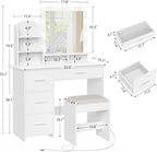 Quimoo Makeup Vanity with 10 Light Bulbs and Charging Station, Vanity Desk with Lighted Mirror & 4 Drawers, Vanity Table Set with Cushioned Stool,White