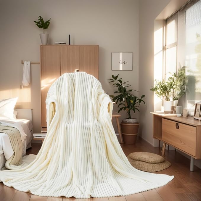 Cuddly Blanket King Size, Fluffy Fleece Blanket, Warm and Soft Blanket with Striped Pattern for King Calking Bed, 90x108 Inches,Cream