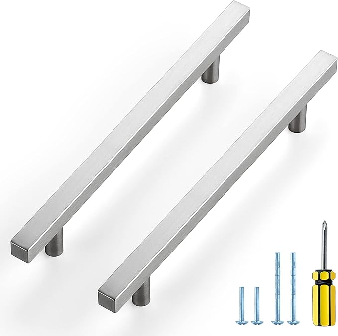 Ravinte Brushed Nickel Cabinet Handles 15 Pack 6-3/10 inch Satin Nickel Square Cabinet Pulls Silver Hardware for Kitchen Cabinets 8-4/5 inch Overall Length Stainless Steel Drawer Pulls