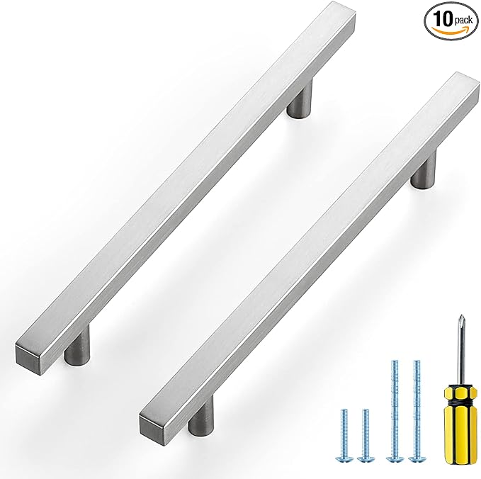 Ravinte Brushed Nickel Cabinet Handles 10 Pack 6-3/10 inch Satin Nickel Square Cabinet Pulls Silver Hardware for Kitchen Cabinets 8-4/5 inch Overall Length Stainless Steel Drawer Pulls