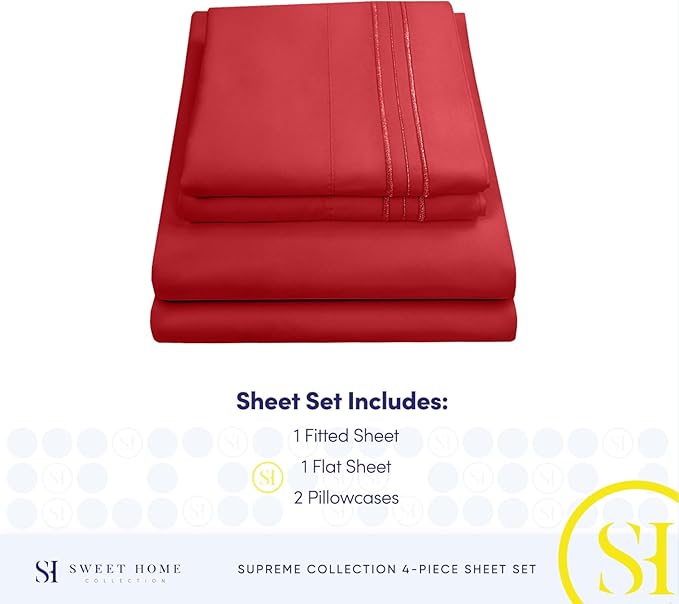 RV Queen Bed Sheets - Breathable Luxury Sheets with Full Elastic & Secure Corner Straps Built In - 1800 Supreme Collection Extra Soft Deep Pocket Bedding Set, Sheet Set, RV Short Queen, Red