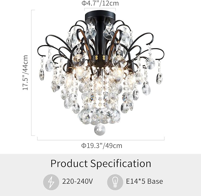 WUZUPS Crystal Chandelier Flushmount Ceiling Light Modern Lighting Fixture for Bedroom Hallway Bar Kitchen Bathroom, H 17.5'' x W 19.3'', E12 Base, Black
