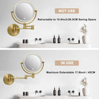 Make up Mirror Wall Mounted Lighted 10X Magnifying Hard Wired, Double Sides 3 Color Lighting Touch Dimming, 360 Swivel Extended Arm Shaving Light up Mirror for Bathroom, Antique Brass