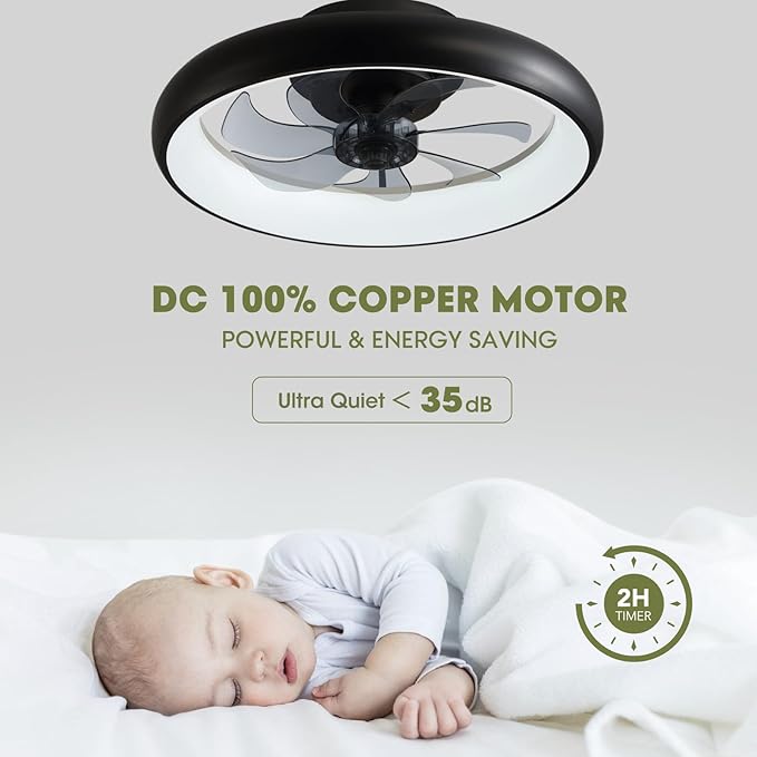 Ceiling Fans with Lights 20'' Flush Mount Fan Remote & APP Control Black Low Profile 6 Wind Speeds Smart Dimmable LED for Bedroom Living Room (Y1095-BK-ELE)