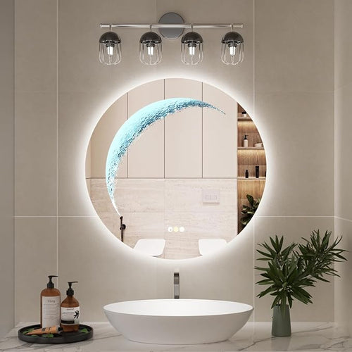 28'' Round Bathroom Mirror with Light, Frameless Circle Mirror with Backlit & Half Moonlight, Anti-Fog, Tempered Glass, Dimming LED Vanity Mirrors for Oversink, Bedroom, Wall Decor, Entryway