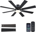 Ceiling Fans with Lights- 52" Low Profile Indoor Ceiling Fan with Light and Remote/APP Control, 8 Blade,Flush Mount, LED Dimmable DC Reversible Modern Ceiling Fan for Bedroom（Black）