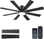 Ceiling Fans with Lights- 52" Low Profile Indoor Ceiling Fan with Light and Remote/APP Control, 8 Blade,Flush Mount, LED Dimmable DC Reversible Modern Ceiling Fan for Bedroom（Black）