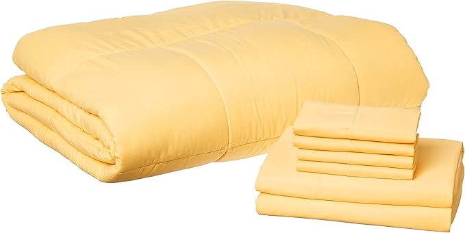 Sweet Home Collection 7 Piece Comforter Set Bag Solid Color All Season Soft Down Alternative Blanket & Luxurious Microfiber Bed Sheets, Yellow, Full
