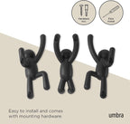 Umbra Buddy Wall Hooks – Decorative Wall Mounted Coat Hooks for Hanging Coats, Scarves, Bags, Purses, Backpacks, Towels and More, Set of 3, Black