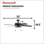 Honeywell Ceiling Fans Belmar 52 Inch Ceiling Fan With Light, Indoor/Outdoor Ceiling Fan with Pull Chain, LED Tri-Mount 5 Blade Design, ETL Damp Rated, Bronze (50512-01)