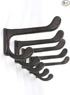 5 Pack Decorative Cast Iron Heavy Duty Double Hooks, Wall Mounted Coat Hooks, Vintage Inspired (Antique Black) (Modern Type)