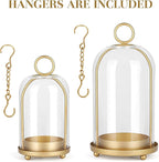 Versatile Metal Candle Holder Set with Handmade Glass Dome,Antique Brass Pillar Candle Stand, 5.2" & 4.1" Wide for Tabletop or Hanging, Industrial & Farmhouse Decor
