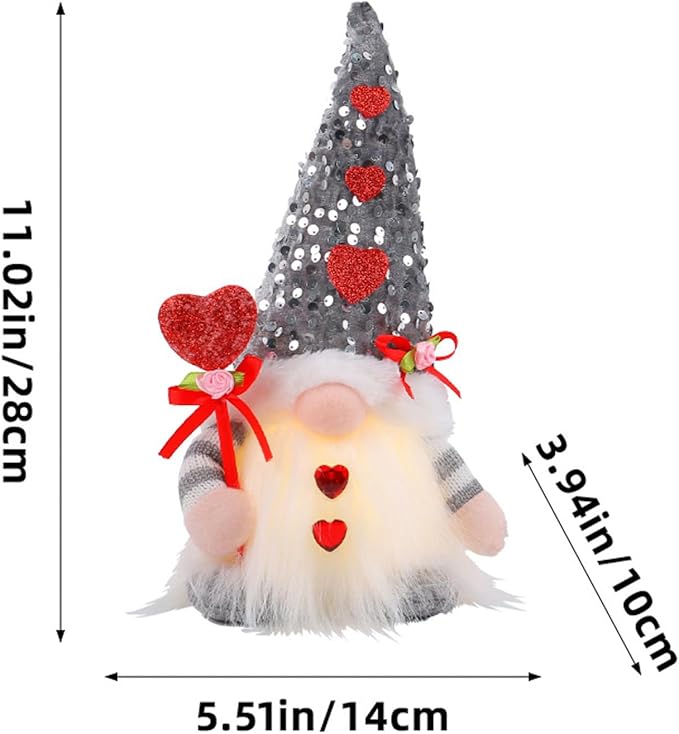 Light Up Gnome Valentine's Day Decorations Indoor Home Decor 11" Lighted Valentines Gnomes Decor Plush Scandinavian Tomte Elf Holiday Gnomes Ornaments Valentines Day Gifts for Her (Red)