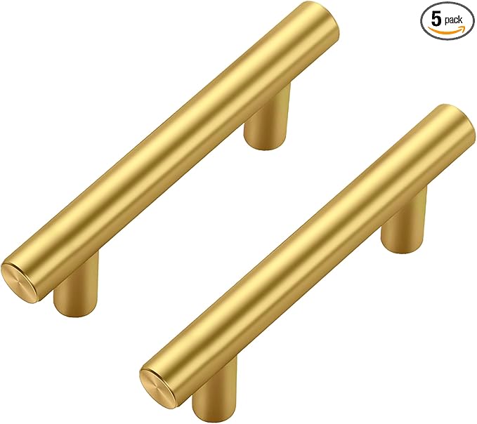 JOY DECOR 5 Pack Cabinet Handles, Gold Cabinet Pulls, 2-1/2 in Hole Center Kitchen Cabinet Handles, Stainless Steel T Bar Handles for Dresser Drawers