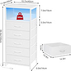 Fixwal Tall Nightstand with Charging Station and LED Lights, Night Stand with PU Finish Fabric Storage Drawers, 5 Drawer Dresser, White