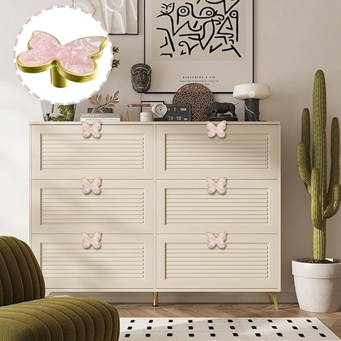 6 pcs Butterfly Shape Knobs Handle Gold Cabinet Knobs Decoration Door Handle Single Hole Handles Cabinet Drawer Dresser Kitchen Wardrobe Furniture Hardware Pulls (Pink)