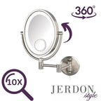 JERDON Two-Sided Wall-Mounted Makeup Mirror with Lights - Lighted Makeup Mirror with 10X Magnification & Wall-Mount Arm - Oval Mirror with Nickel Finish Wall Mount - Model HL9515NL