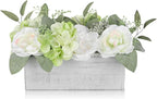 DILATATA Flower Arrangement with Wooden Vase 10" Artificial Flowers in Pot - Fake Flowers in White Rectangular Wooden Vase Potted Faux Flower Centerpieces for Table Decor Living Room - White