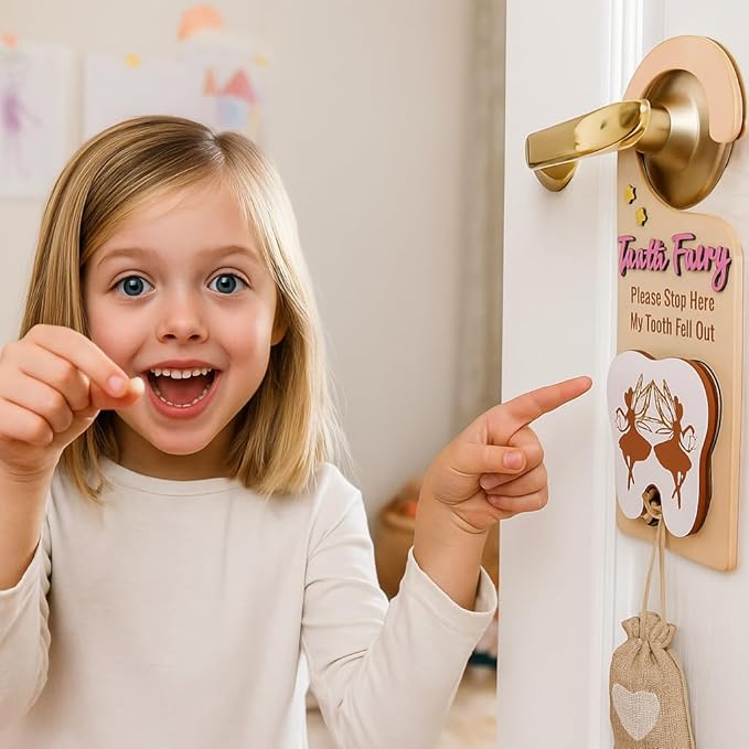 4Pcs Tooth Fairy Door Holder - Wooden Door Hanger Gift Set with Keepsake Box and Bag & Reward Badge, Gifts and Bedroom Decorations Suitable for Lost Teeth Girls and Boys