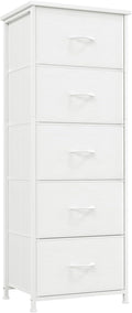 Somdot Tall Dresser for Bedroom with 5 Drawers, Storage Organizer Chest of Drawers with Removable Fabric Bins for Closet Bedside Living Room Laundry Entryway Hallway, White Leather