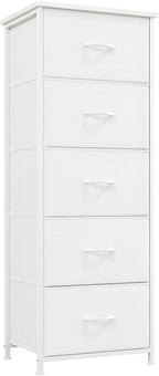 Somdot Tall Dresser for Bedroom with 5 Drawers, Storage Organizer Chest of Drawers with Removable Fabric Bins for Closet Bedside Living Room Laundry Entryway Hallway, White Leather