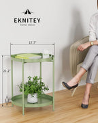 EKNITEY 2 Tier End Table - Metal Side Table Waterproof Small Sofa Coffee Side Tables Bedroom Indoor Outdoor with Removable Tray for Living Room Bedroom Balcony and Office (Atrovirens)