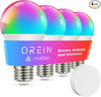 OREiN Matter Smart Light Bulb, Smart Light Bulbs with Remote Control Work with Apple Home, Alexa, Google Home, SmartThings, Color Changing Light Bulbs 2.4Ghz WiFi, 800 Lumens Equivalent 60W 4Pack