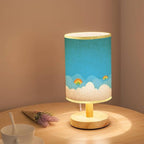 Minimalist Bedside Table Lamp Colorful with white cloud and bright blue sky bottom border seamless Wood Nightstand Lamp Bedside Desk Lamp Wood Base Flaxen Fabric Shade for Bedroom Living Room