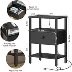 Lerliuo Nightstand Set of 2 with Charging Station and USB Ports, 3-Tier Storage End Table with Drawer Shelf, Night Stand for Small Spaces, Wood Bedside Table for Living Room, Bedroom - Classic Black