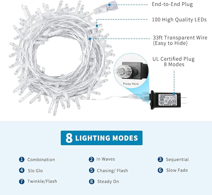 Christmas String Lights,33FT 100 LEDs White Chritsmas Tree Lights Indoor Connectable String Light Clear Wire 8 Modes Plug in for Room Tree Wedding Decoration