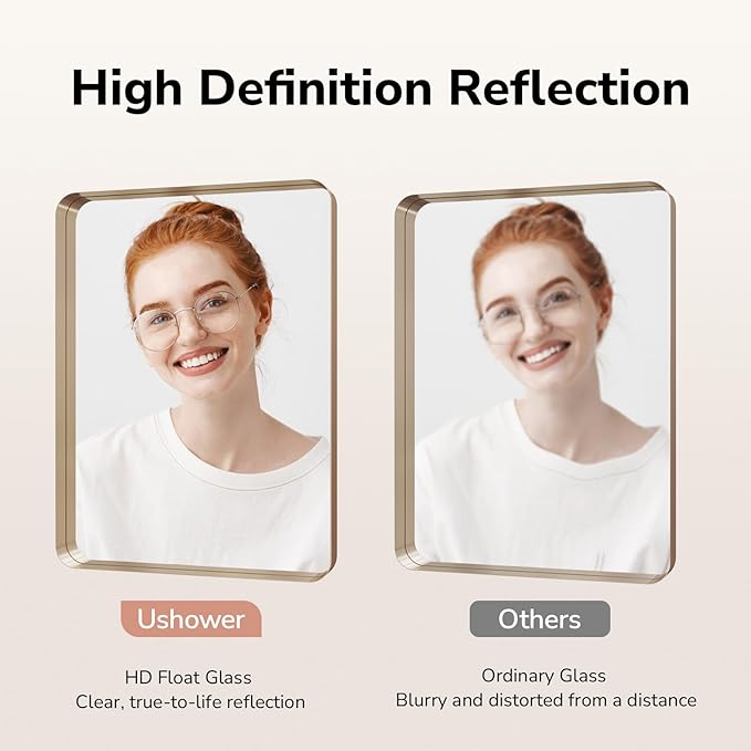 USHOWER Gold Bathroom Mirrors 24"x36" 2 Pack, Brushed Gold Rectangle Mirrors for Over Sink, Rounded Corner, Aluminum Frame, Anti-Rust, Tempered Glass, Horizontal or Vertical Mounted