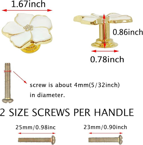 4 White Flower Petal Handles Kitchen Cabinet Knobs & Drawer Pulls (Gold, 8 Screws)