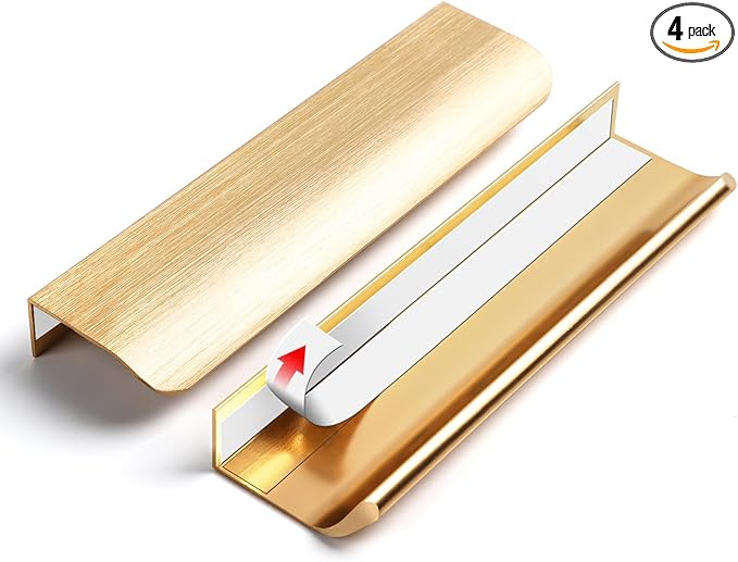 5 Pack 6 inch self Adhesive Cabinet pulls Adhesive Cabinet Handles Gold Drawer pulls Stick on Handles for Finger pulls for Concealed Edge Seam Flat Drawer