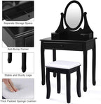 Giantex Vanity Set with Oval Mirror and Cushioned Stool, Makeup Dressing Table with 3 Drawers, Modern Bathroom Bedroom Makeup Organizer Vanity Table for Women Girls Gifts (Black)