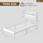 Twin Size Bed Frame with Charging Station and LED Lights, Metal Bed Frame with Headboard, White Upholstered Headboard with 2-Tier Storage Shelves, Noise Free, No Box Spring Needed, White